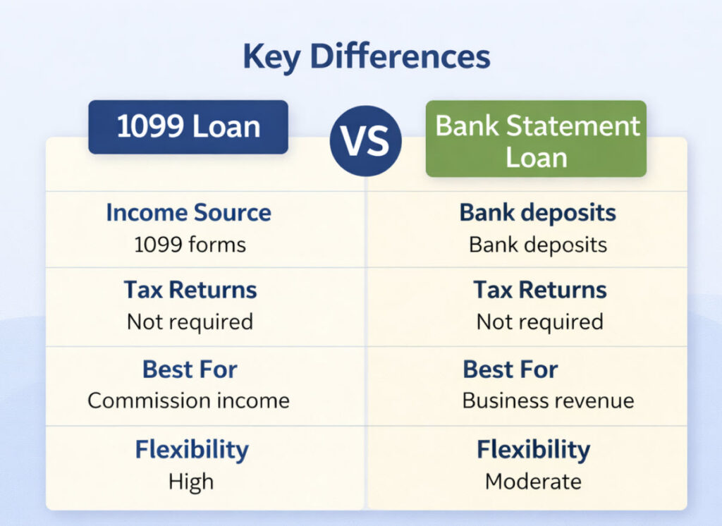 Comparison chart showing key differences between 1099 mortgage loans and bank statement loans for self-employed borrowers in Delaware and Maryland
