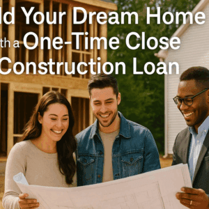 Young couple and loan officer reviewing home blueprints on a Delaware construction site for a One-Time Close Construction Loan