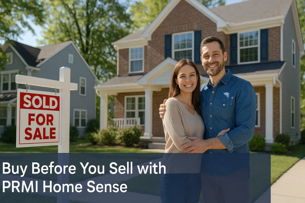 Couple standing in front of their new Delaware home with a “Sold” sign while their previous house displays a “For Sale” sign, representing the PRMI Home Sense Buy Before You Sell Program.
