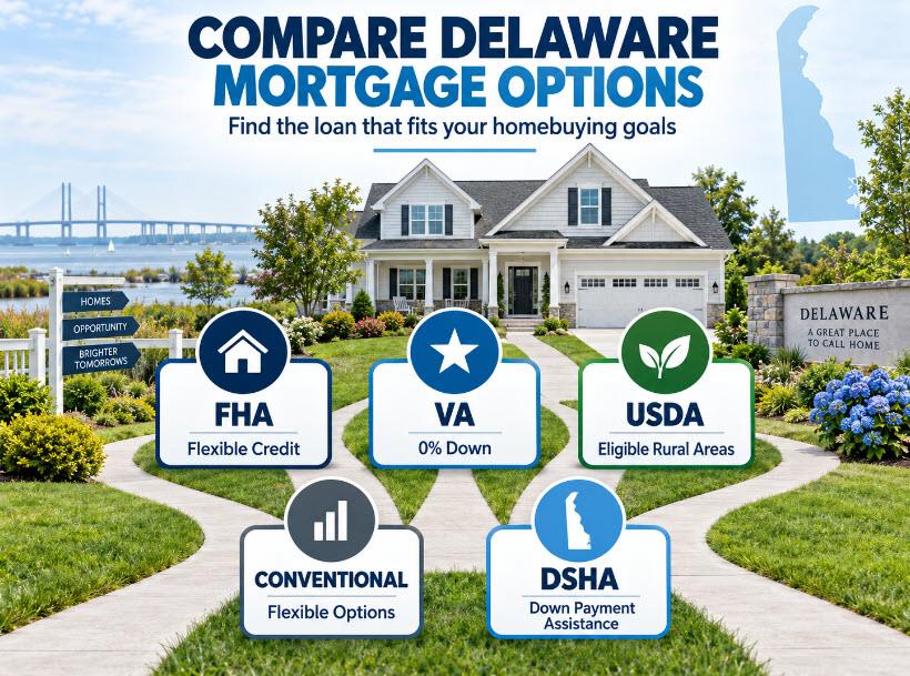 Comparison of Delaware mortgage loan options - FHA, VA, USDA, conventional and DSHA - showing down payment, credit and mortgage insurance differences