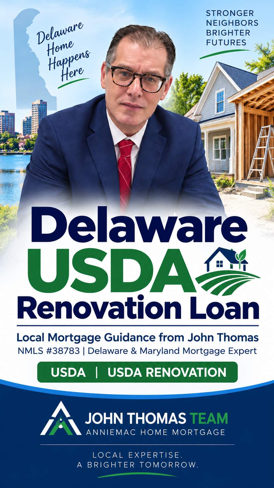 Mobile view of John Thomas, mortgage loan officer, featured on a Delaware USDA Renovation Loans graphic - NMLS #38783