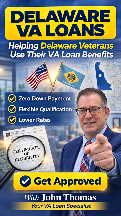 Mobile view of John Thomas helping a Delaware veteran family use their VA home loan benefit - NMLS #38783