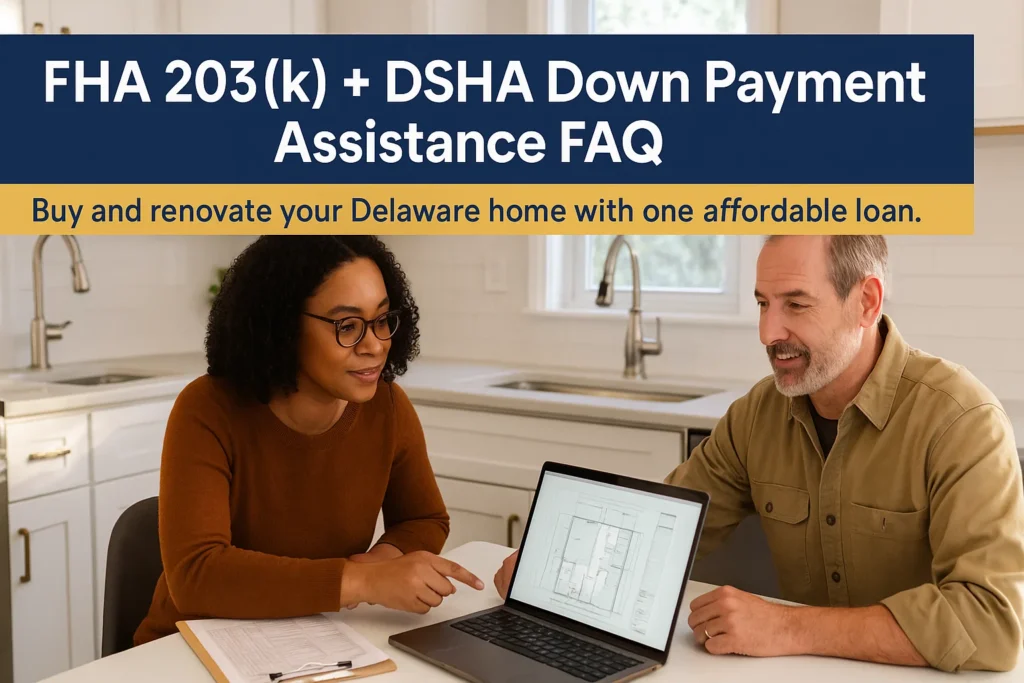 Delaware homeowner reviewing renovation plans with contractor for FHA 203(k) loan and DSHA down payment assistance, sitting in a newly remodeled kitchen