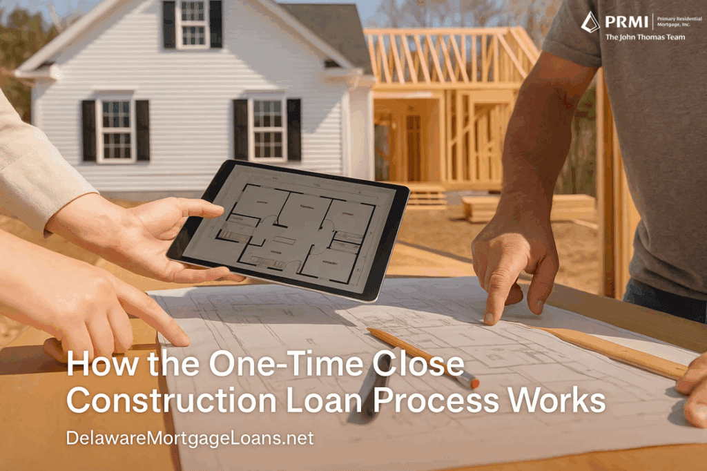 Hands pointing at home blueprints and digital house plans during construction loan planning meeting in Delaware