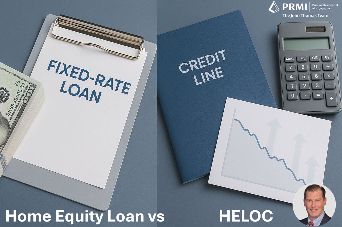 Side-by-side visual comparison of a fixed-rate closed-end second mortgage and a variable-rate HELOC option for Delaware homeowners.