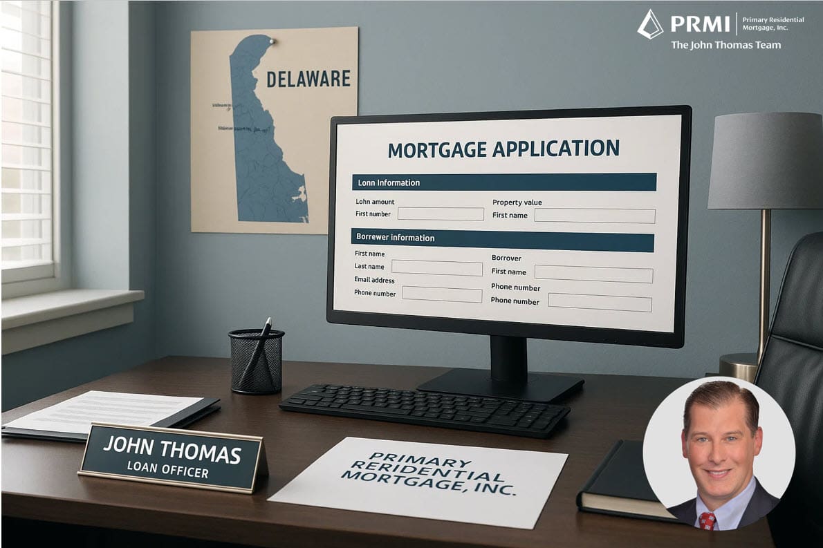 Professional Delaware mortgage office workspace with Primary Residential Mortgage paperwork and a computer open to an online loan application.