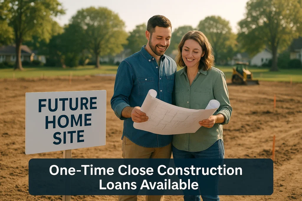 Delaware couple reviewing blueprints on a vacant lot for a new home with John Thomas PRMI, highlighting one-time close construction loan options for Delaware land buyers.