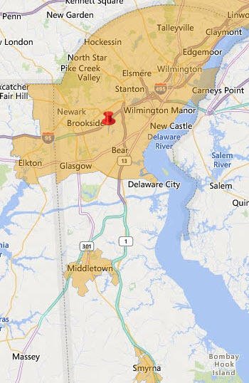 USDA property eligibility map of New Castle County, Delaware, with shaded areas marking locations that are not eligible for USDA Rural Housing financing