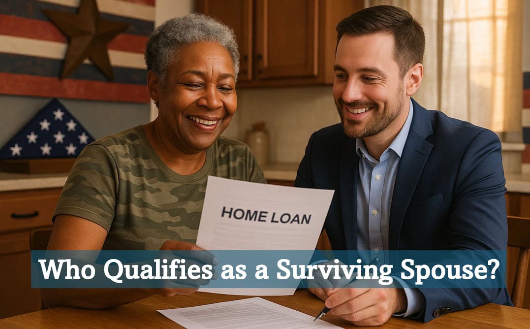 Widow holding a framed photo of her late veteran spouse beside a folded American flag in a bright home setting.