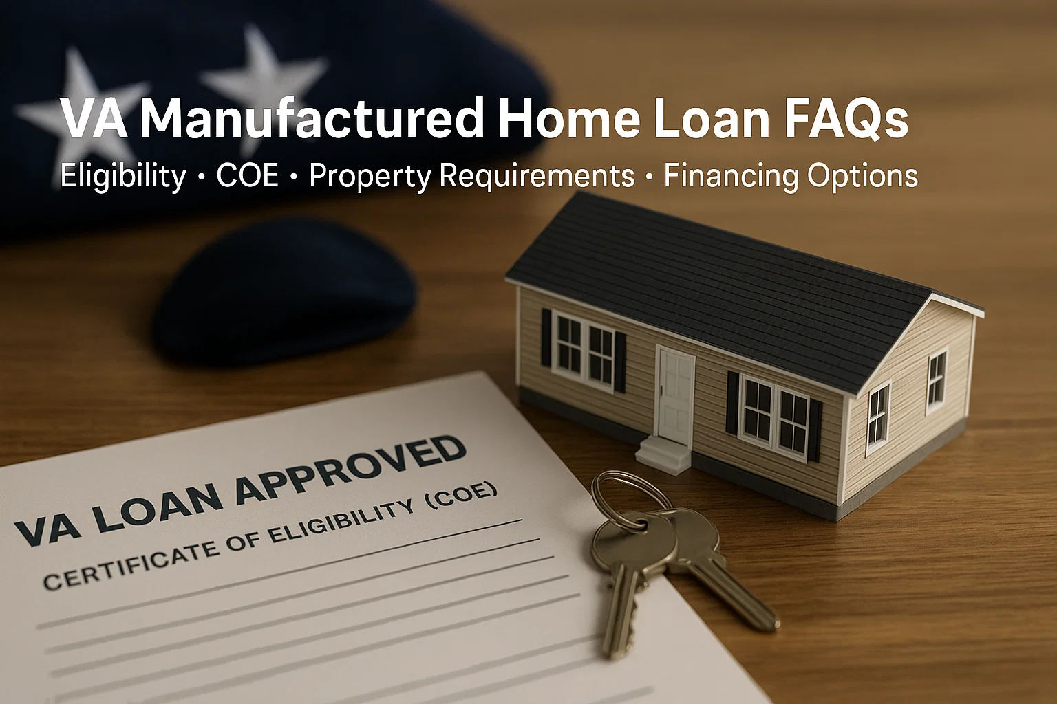 Illustration of a VA Certificate of Eligibility, house keys, and a small manufactured home model representing VA manufactured home loan eligibility and property requirements