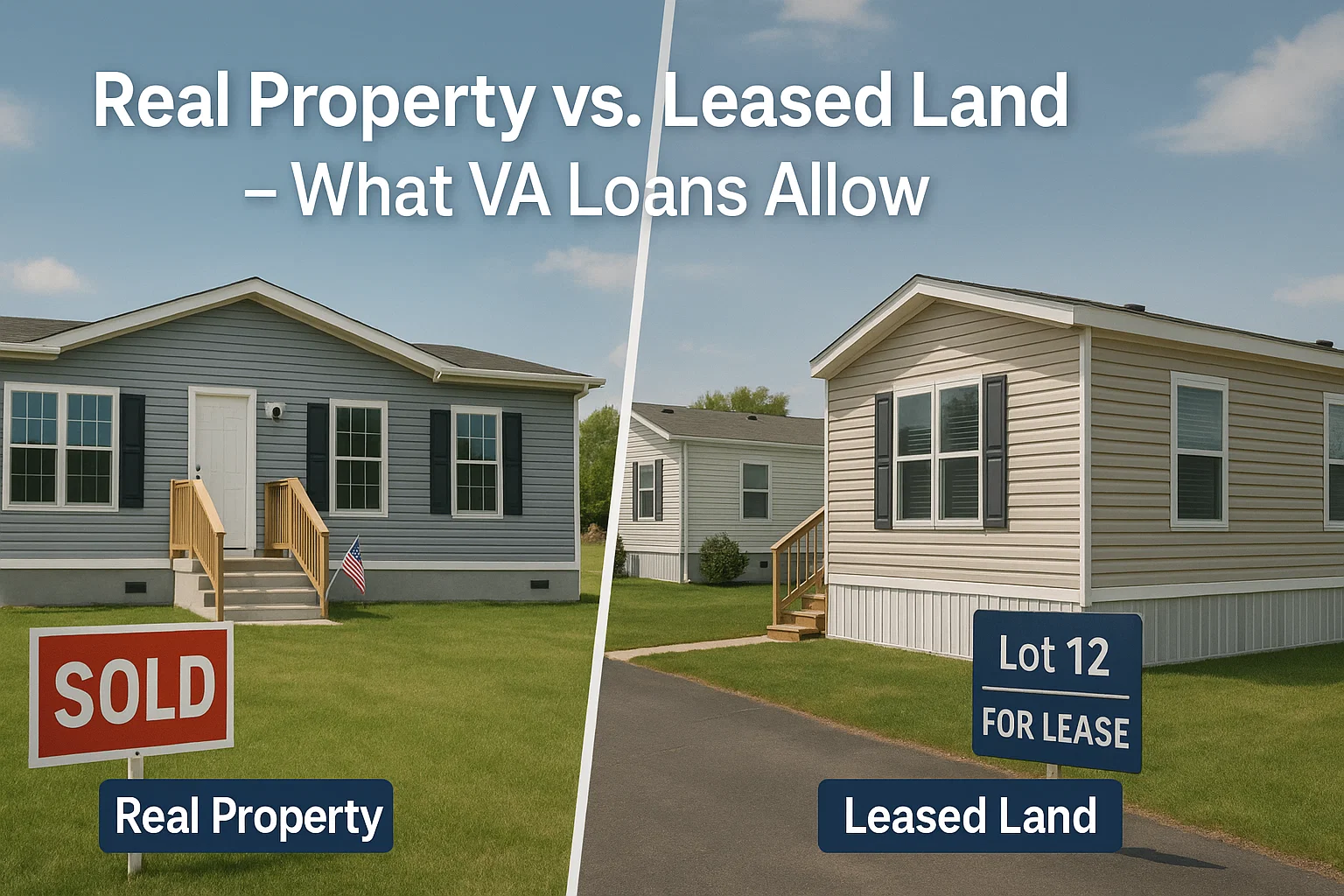 Split image showing owned manufactured home on foundation versus mobile home park on leased land – VA real property comparison