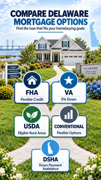 Mobile view: comparison of Delaware mortgage loan options - FHA, VA, USDA, conventional and DSHA
