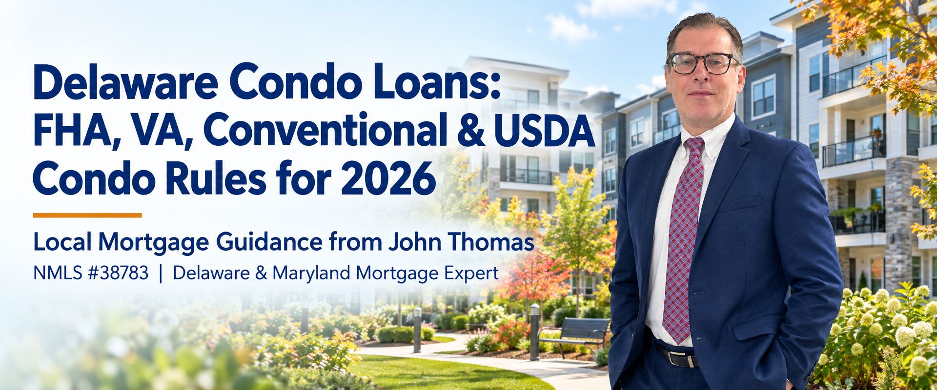 Delaware Condo Loans: FHA, VA, Conventional and USDA Condo Rules for 2026, with John Thomas in a navy suit standing in front of three-story condominium buildings in autumn - NMLS #38783