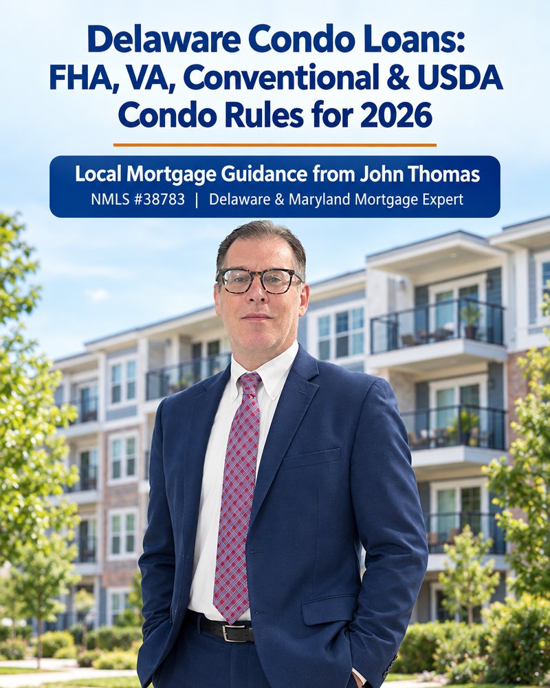Delaware Condo Loans: FHA, VA, Conventional and USDA Condo Rules for 2026, above John Thomas in a navy suit in front of a condominium building - NMLS #38783