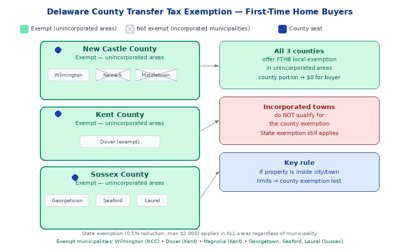 Delaware county transfer tax exemption map showing New Castle Kent and Sussex counties offer FTHB local exemption in unincorporated areas