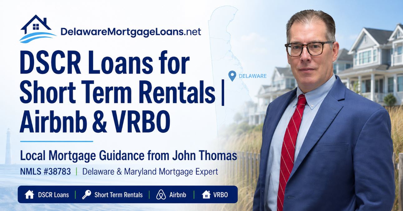 John Thomas, Delaware mortgage loan officer who provides DSCR loans for short-term rentals, in front of a beachfront Airbnb rental home - NMLS #38783