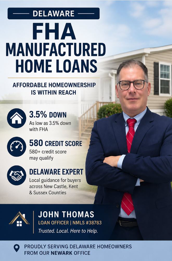 Mobile portrait of John Thomas, mortgage loan officer with the John Thomas Team in Newark, DE, in front of a HUD-code manufactured home - Delaware FHA manufactured home loan specialist, NMLS #38783