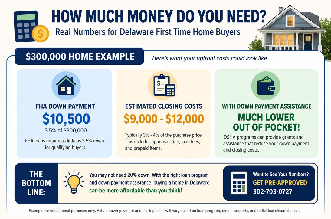 how much money needed to buy a home in Delaware 300000 example FHA down payment closing costs