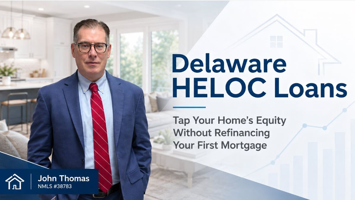 John Thomas, mortgage loan officer at Primary Residential Mortgage in Newark, DE, with Delaware homeowners reviewing HELOC and home equity loan options - NMLS #38783