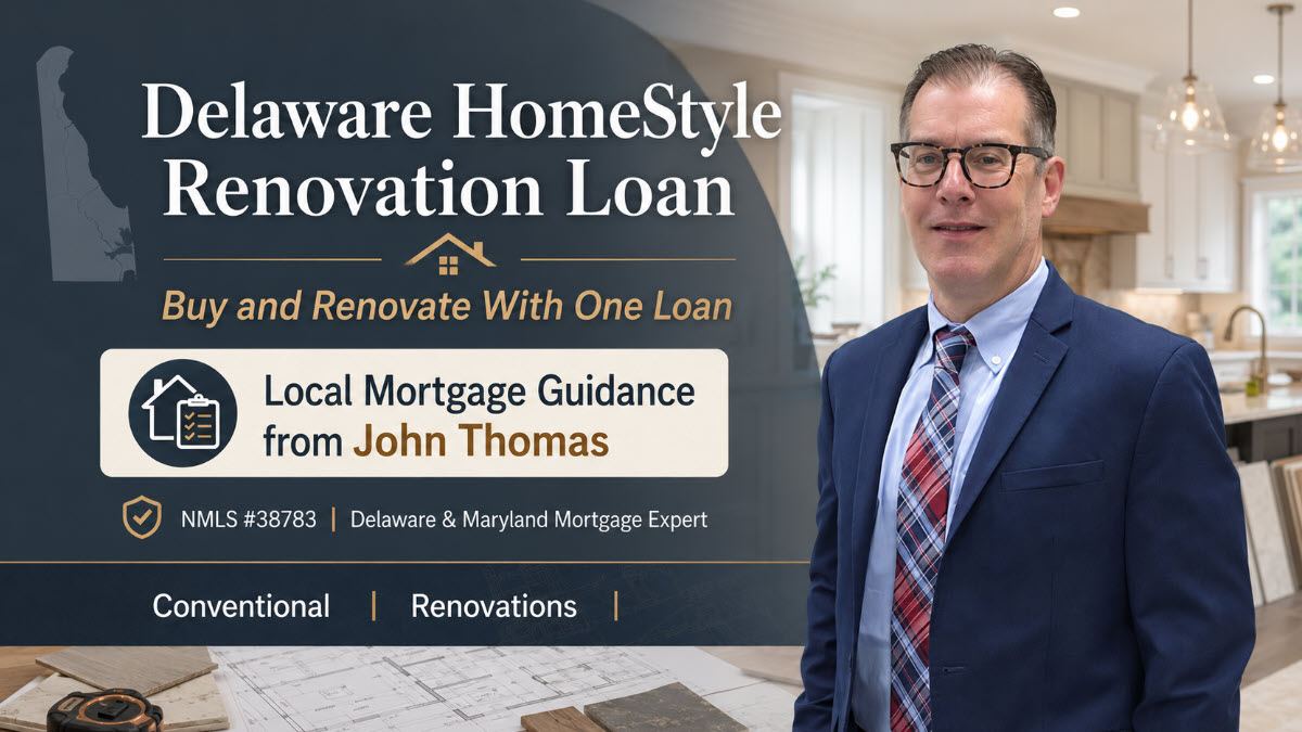 John Thomas, mortgage loan officer at Primary Residential Mortgage in Newark, DE, standing in front of a renovated Delaware home financed with a Fannie Mae HomeStyle Renovation Loan - NMLS #38783