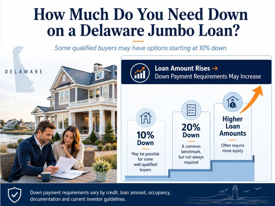 Delaware jumbo loan down payment requirements - some programs may allow as little as 10 percent down (up to 90 percent financing), with more required as the loan amount rises