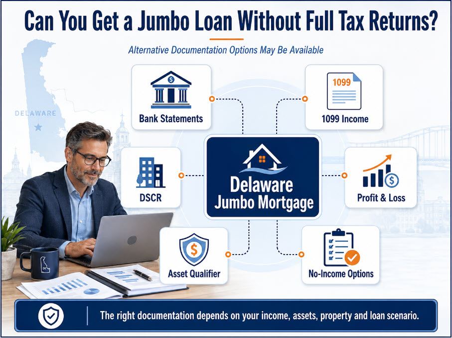 Delaware jumbo loan documentation options for qualifying without full tax returns - bank statement, 1099, profit-and-loss, asset qualifier and DSCR paths
