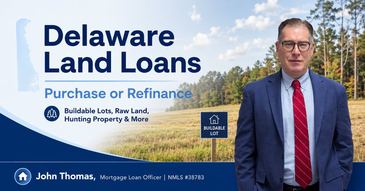 John Thomas, mortgage loan officer at Primary Residential Mortgage in Newark, DE, standing on a vacant Delaware building lot - NMLS #38783