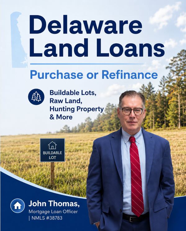 Mobile view of John Thomas, mortgage loan officer at Primary Residential Mortgage, on a vacant Delaware lot eligible for land loan financing - NMLS #38783