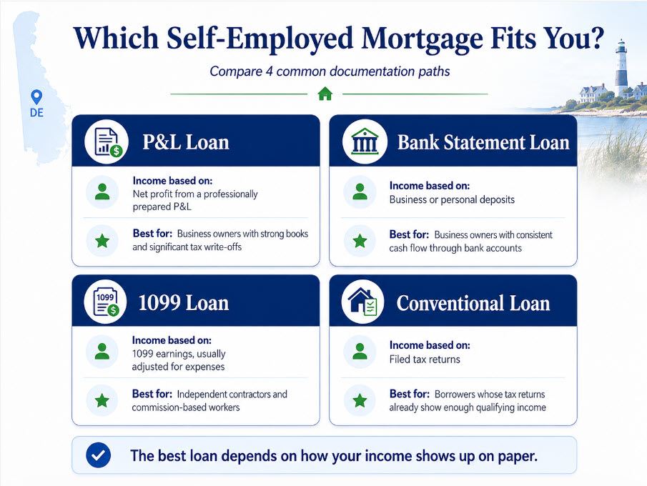 Delaware P&L loan compared with bank statement loan, 1099 loan, and conventional loan