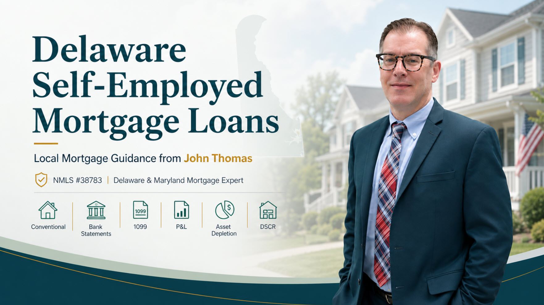 John Thomas reviewing tax returns and bank statements with a self-employed Delaware homebuyer at the Newark office - NMLS #38783