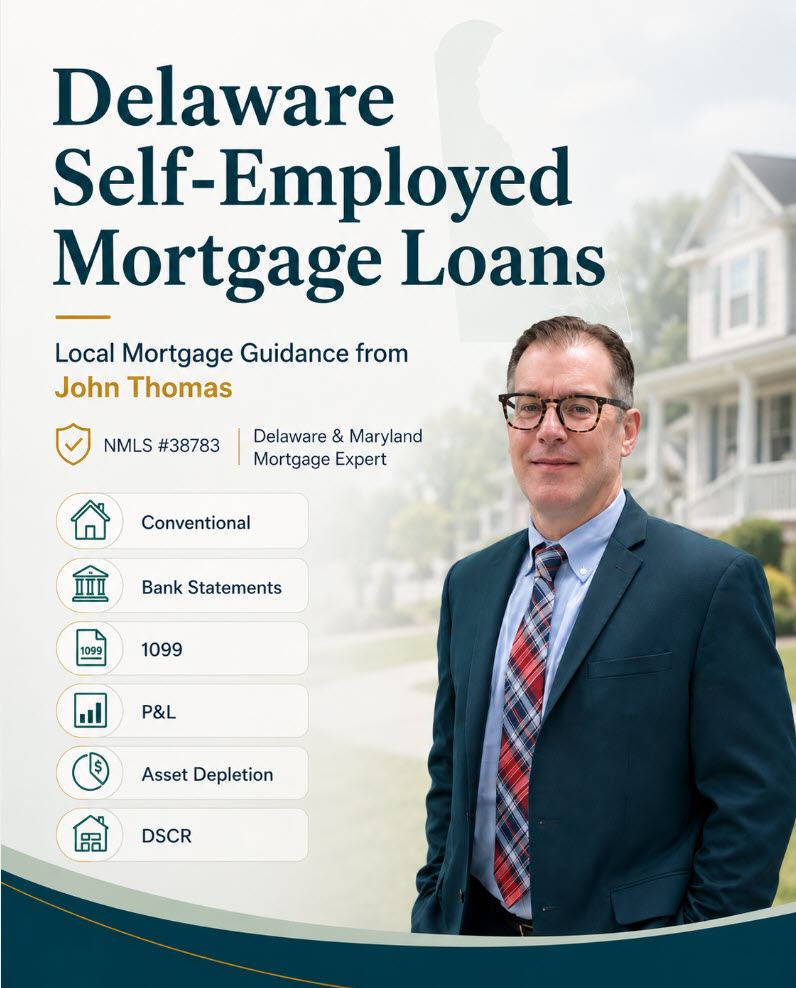 Mobile view of John Thomas, Delaware mortgage loan officer, with self-employed borrower documents - NMLS #38783