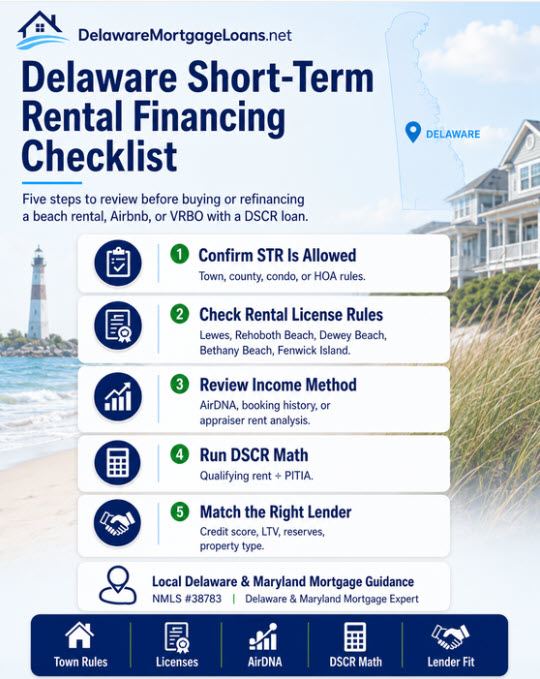 Mobile version of the Delaware beach rental financing checklist showing the items to verify before buying a short-term rental investment property.