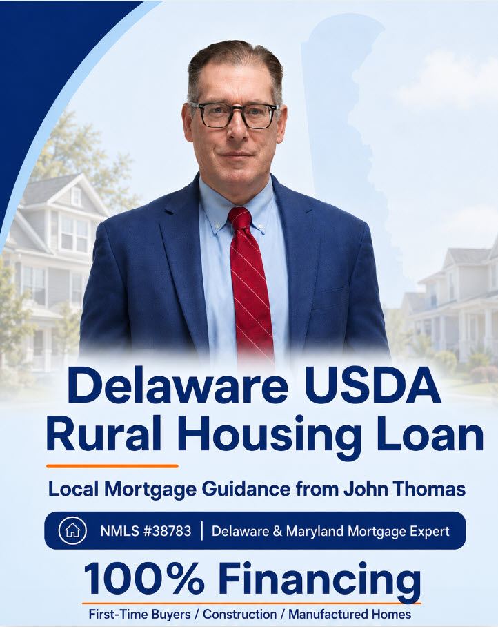 Mobile Delaware USDA Rural Housing Loan hero graphic with John Thomas in a navy suit, a Delaware map silhouette, and 100% financing text - NMLS #38783
