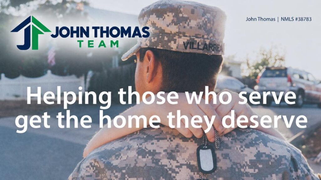 ervice member embraced during a homecoming with the message “Helping those who serve get the home they deserve,” representing Delaware VA home loans from the John Thomas Team.