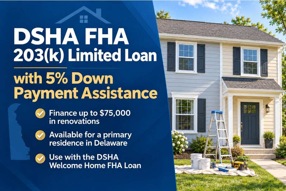 Key features of the DSHA Diamond in the Rough program in Delaware: FHA 203(k) Limited renovation financing paired with 5% down payment assistance