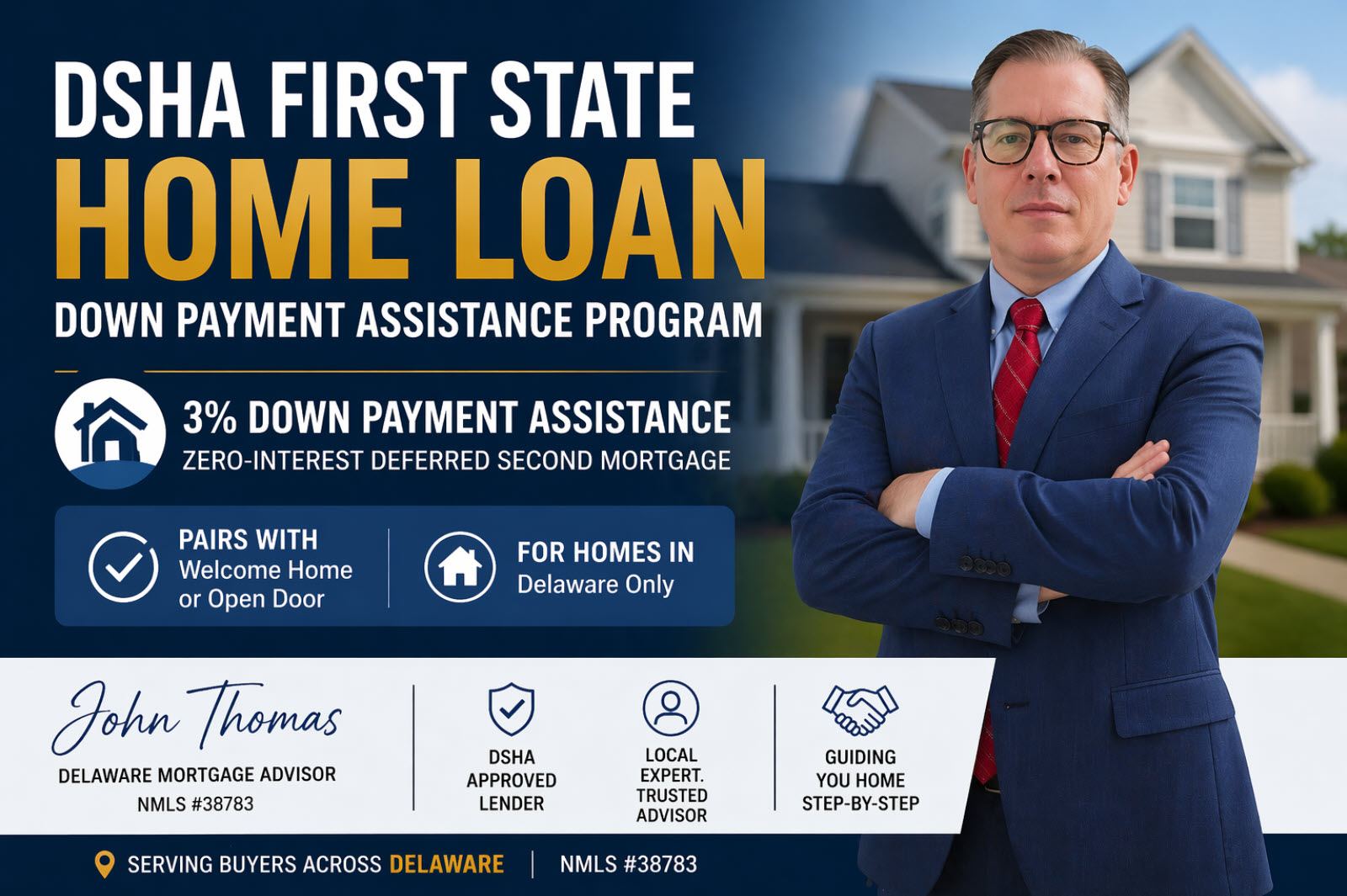John Thomas, mortgage loan officer, presenting the DSHA First State Home Loan 3% down payment assistance program for Delaware buyers - NMLS #38783