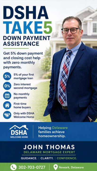DSHA Take5 Home Loan Delaware 5 percent down payment assistance for first-time home buyers