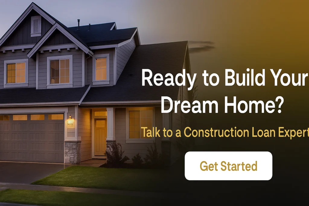 Modern new home exterior at sunset with banner text inviting readers to talk to a construction loan expert.