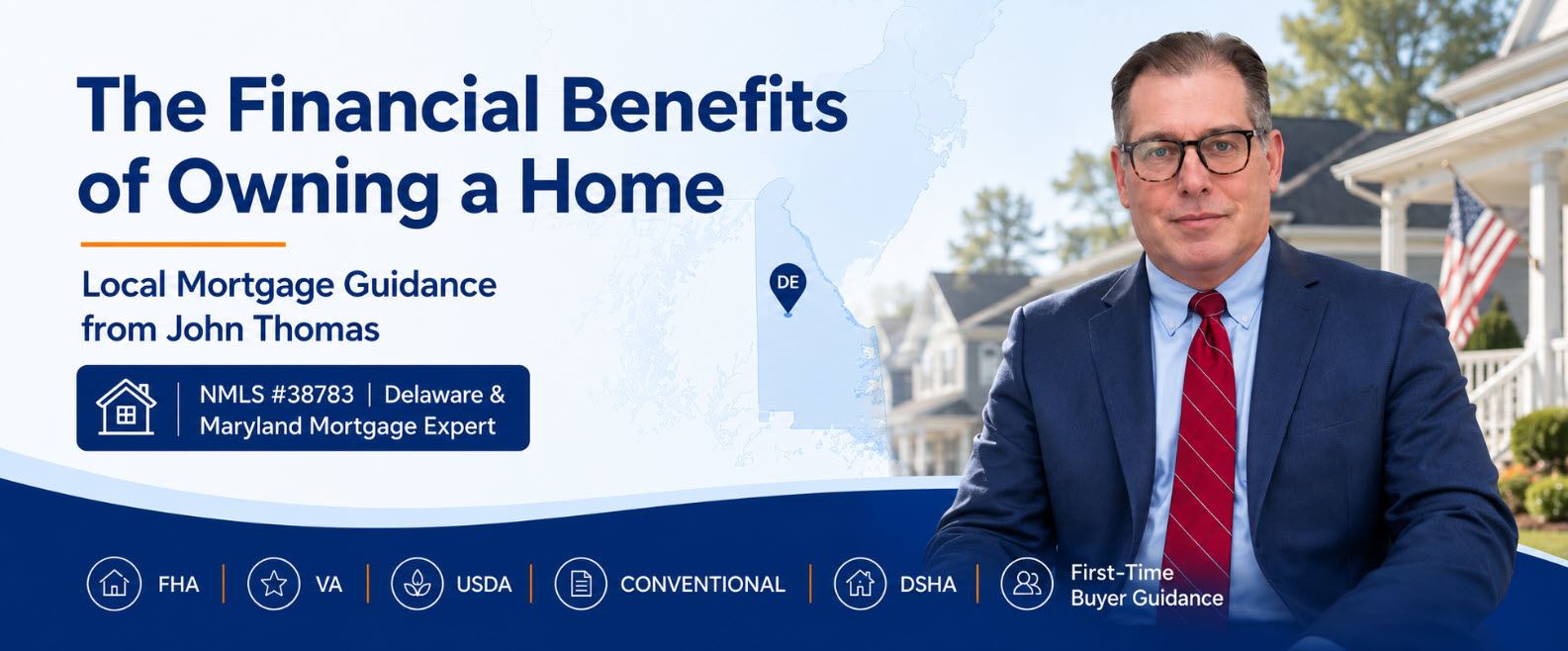 A Delaware family standing in front of the home they own, with John Thomas, mortgage loan officer at Primary Residential Mortgage in Newark DE - NMLS #38783
