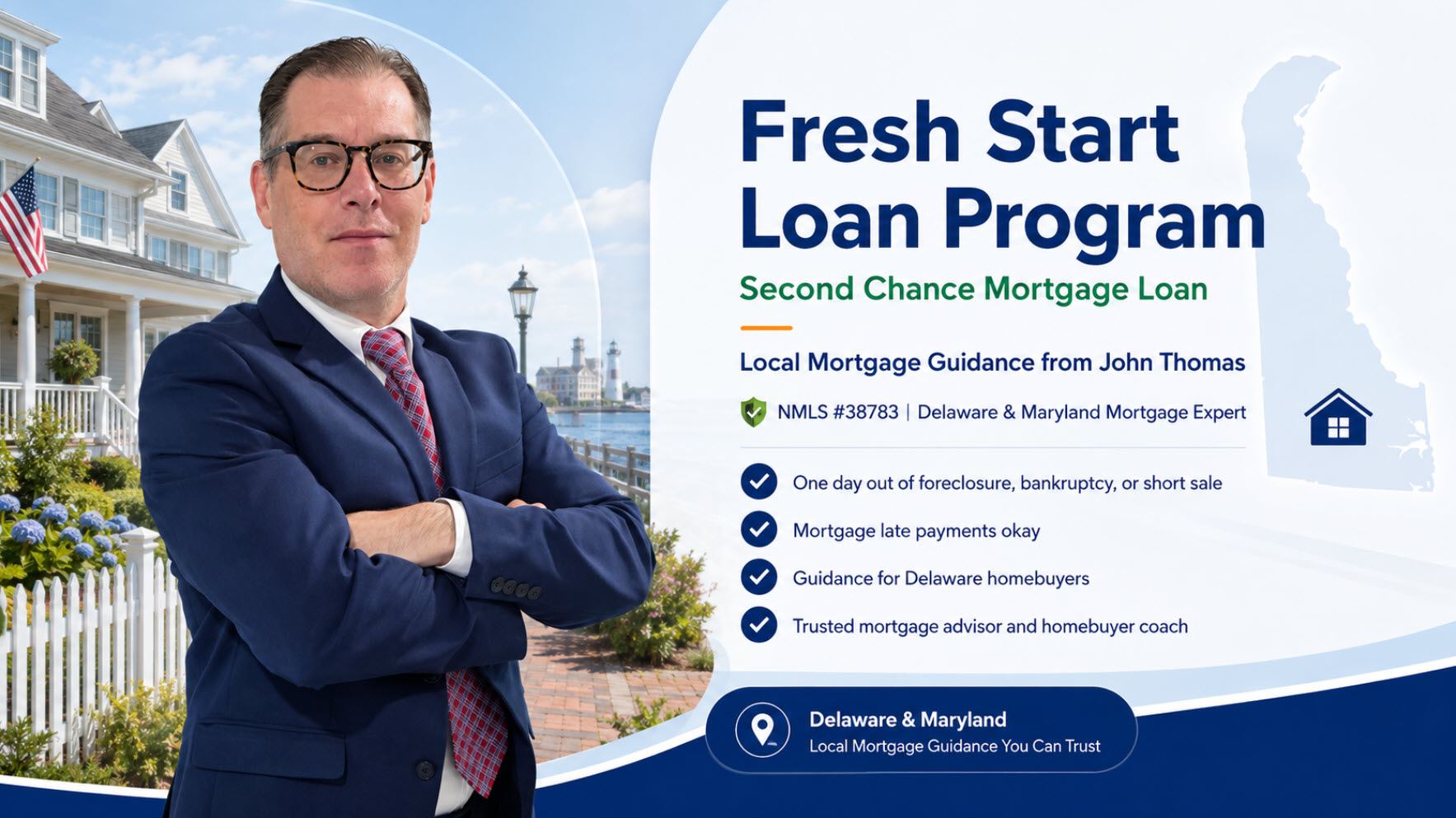 John Thomas, mortgage loan officer, reviewing a fresh-start home-financing plan with a Delaware homebuyer at the Newark office - NMLS #38783