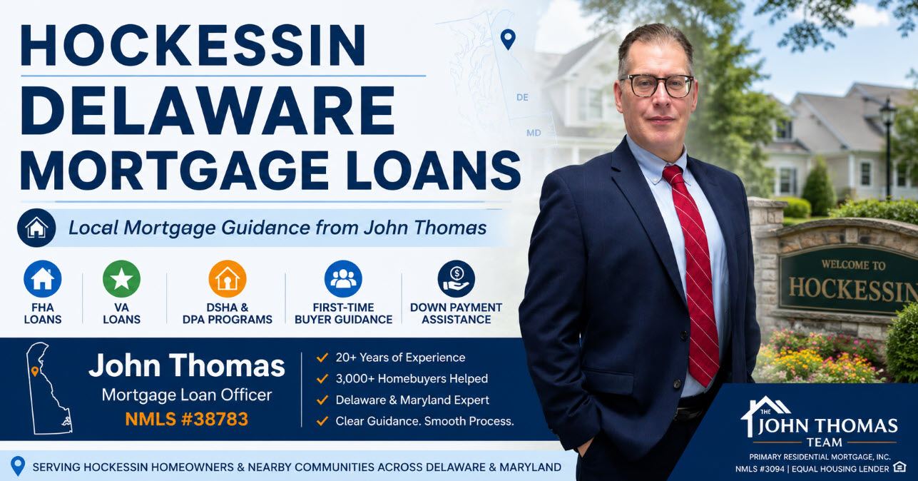 John Thomas, mortgage loan officer, with homebuyers in front of a Hockessin, Delaware home in the 19707 area - NMLS #38783