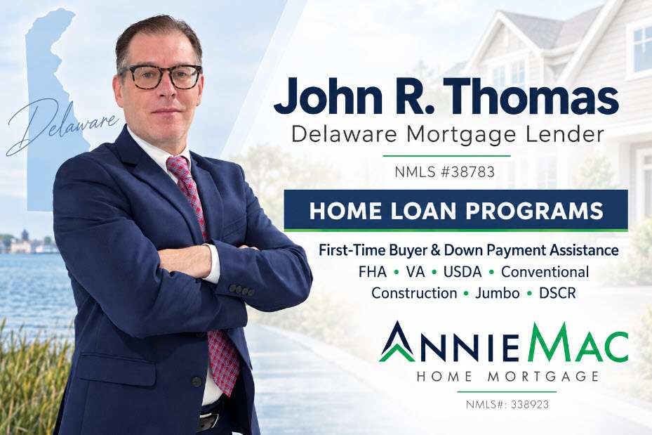 John R. Thomas standing with folded arms beside Delaware mortgage lender information and home loan programs, including FHA, VA, USDA, conventional, construction, jumbo, and DSCR loans.