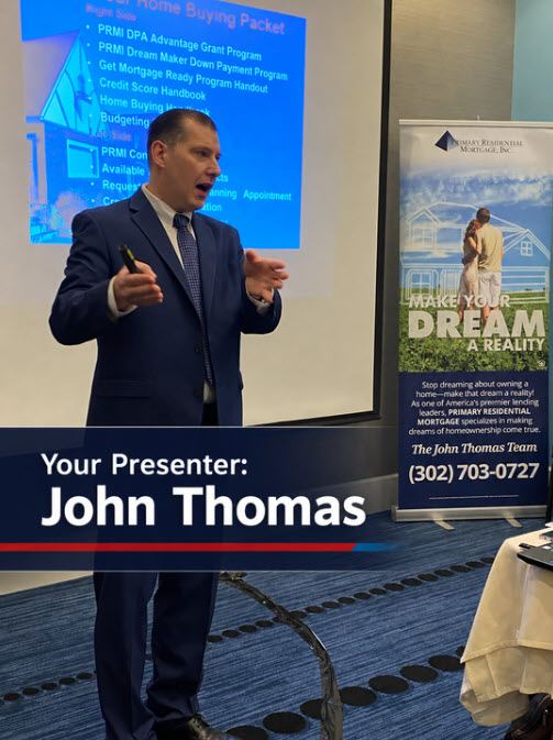 John Thomas, author and mortgage loan officer, teaching a first-time home buyer seminar in Delaware - NMLS #38783