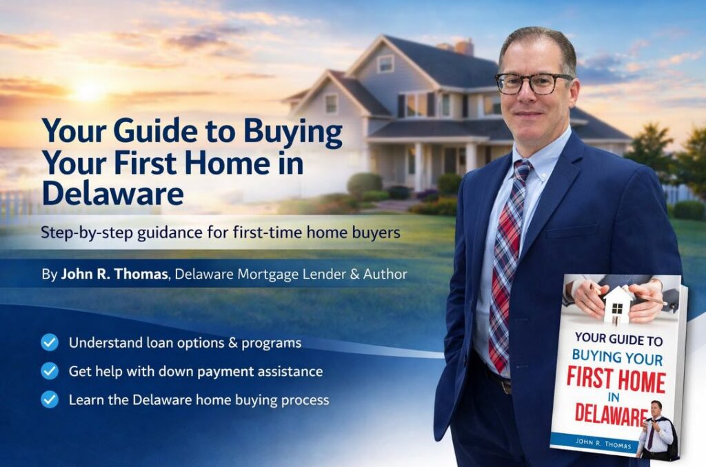 John R. Thomas, Delaware mortgage lender and author, standing in front of a Delaware home background with first-time home buyer guide text