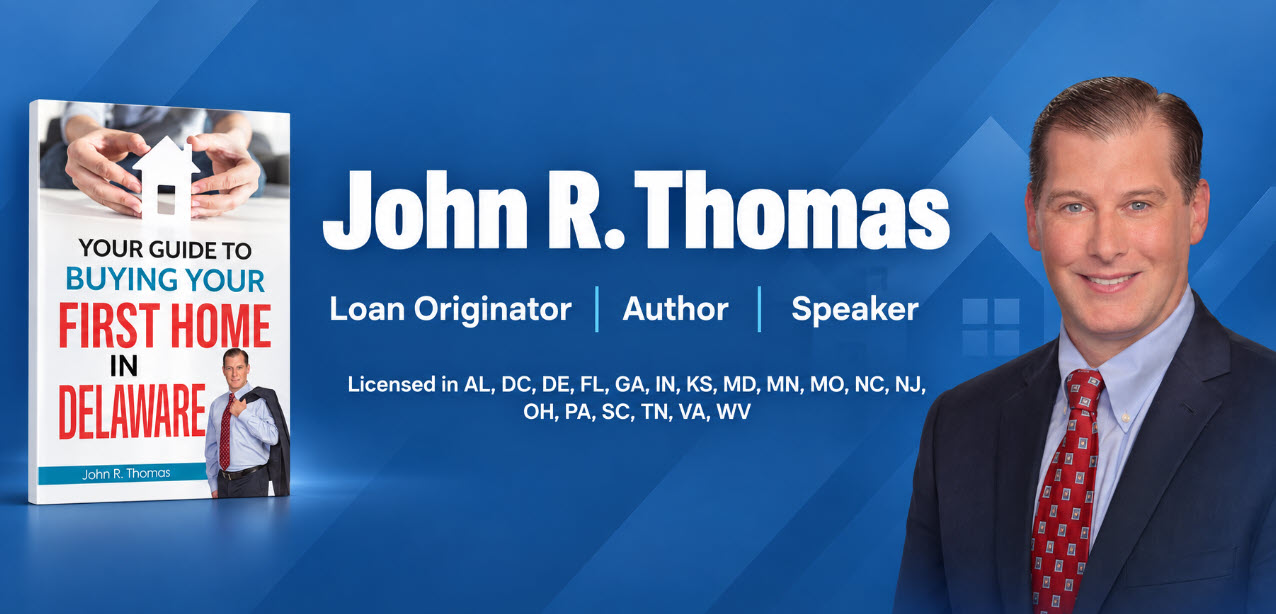 Blue website banner featuring John R. Thomas beside his book,