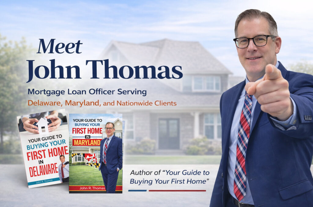 John Thomas, Delaware mortgage loan officer with the John Thomas Team in Newark, DE, holding copies of his book Your Guide to Buying Your First Home in Delaware - NMLS #38783