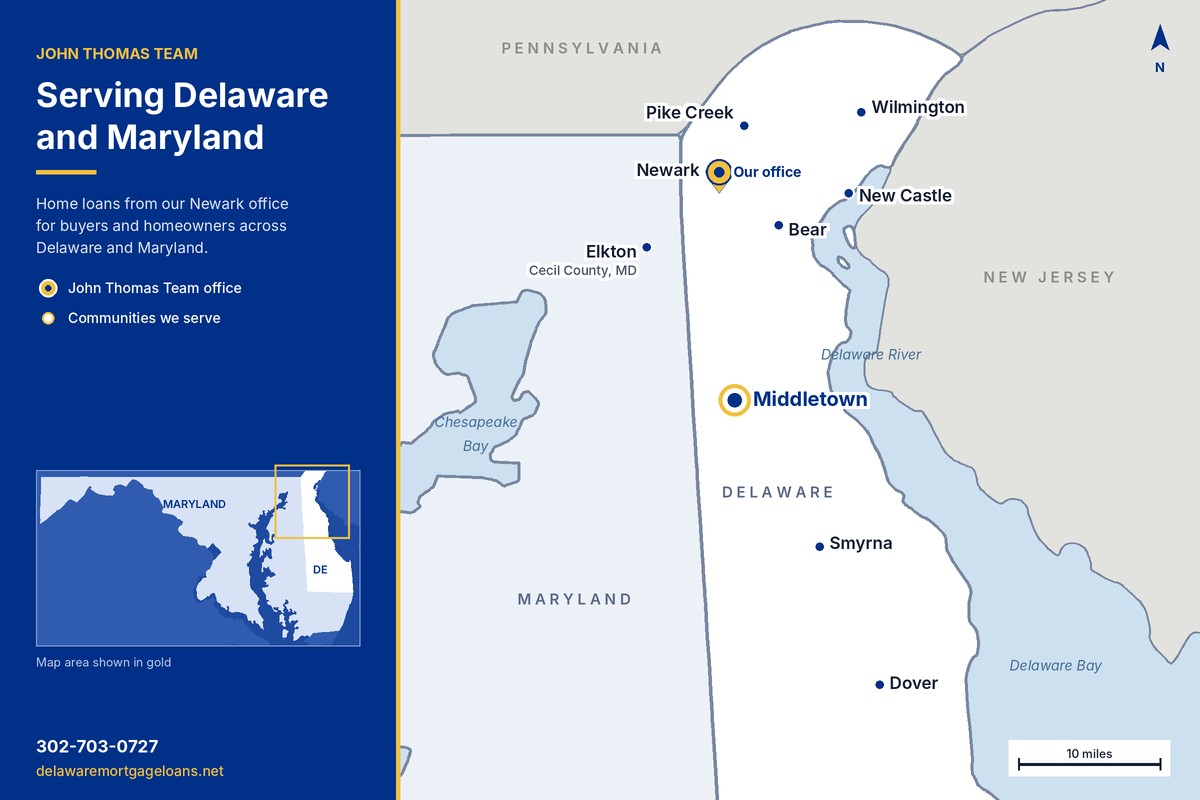 Graphic map of northern Delaware and Cecil County, MD marking our Newark office and Middletown. John Thomas, NMLS #38783