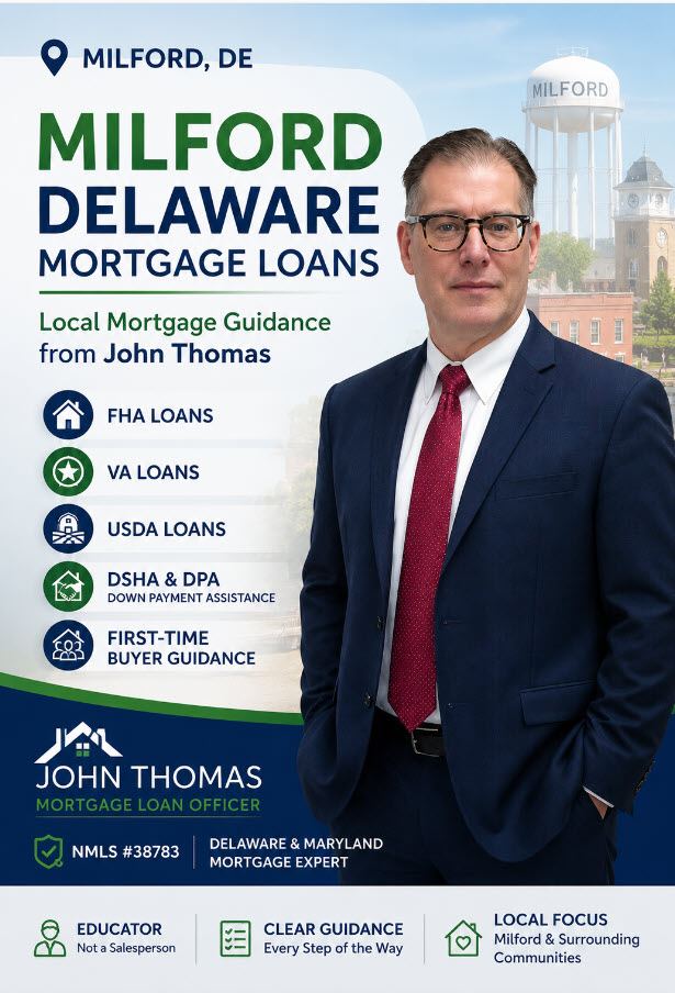 Mobile hero graphic for Milford Delaware Mortgage Loans showing John Thomas in a navy suit with a Milford background and mortgage program icons - NMLS #38783