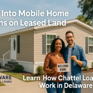 Smiling couple standing in front of a modern manufactured home in Delaware with text overlay that reads “Mobile Home Loans on Leased Land – Learn About Chattel Loans.”
