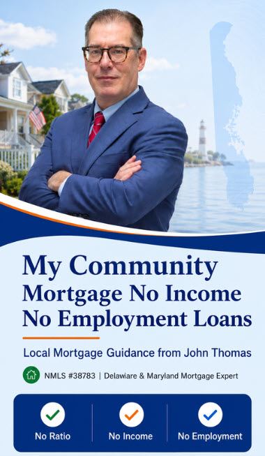 Mobile view of John Thomas, mortgage loan officer in Newark DE, discussing an asset-based no income no employment loan - NMLS #38783